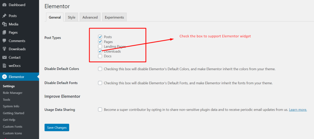 Elementor settings